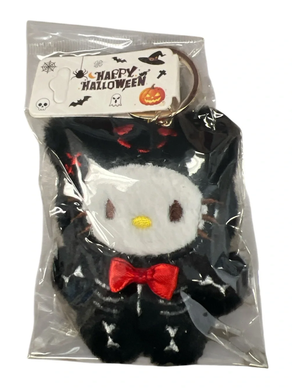 Hello Kitty Happy Halloween Black Plush Cat Costume Keychain with Red Bow
